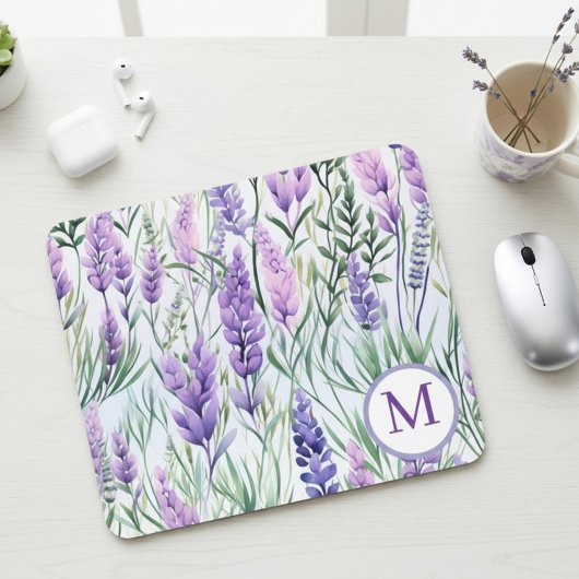 Monogram Purple Lavender Flower Field マウスパッド