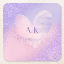 Monogram Purple Pink Gradient Heart  スクエアペーパーコースター