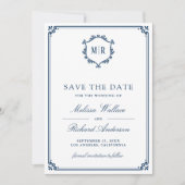 Monogram QR Code Photo Collage Navy Blue Wedding セーブザデート (正面)