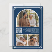 Monogram QR Code Photo Collage Navy Blue Wedding セーブザデート (裏面)