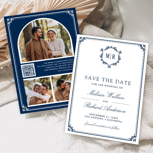 Monogram QR Code Photo Collage Navy Blue Wedding セーブザデート