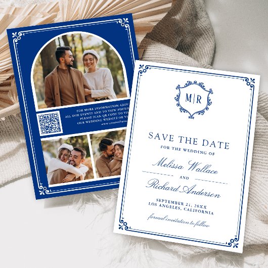 Monogram QR Code Photo Collage Royal Blue Wedding セーブザデート