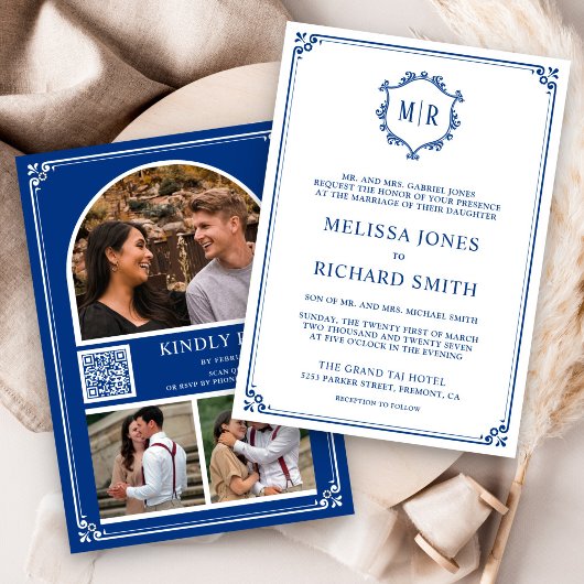 Monogram QR Code Photo Collage Royal Blue Wedding 招待状