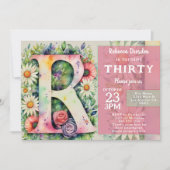 Monogram R Colorful Watercolor Flowers Birthday  招待状 (正面)