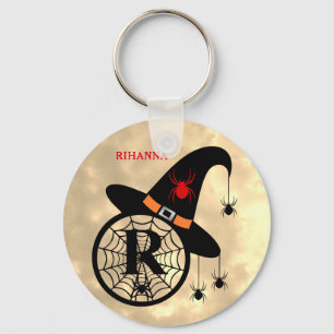 Monogram R Halloween Sky Witch Spiders Name キーホルダー