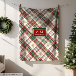 Monogram red and green watercolor festive blanket フリースブランケット