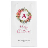 Monogram Red Botanical Pink Wreath Christmas スモールペーパーバッグ (裏面)