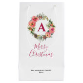 Monogram Red Botanical Pink Wreath Christmas スモールペーパーバッグ (正面)