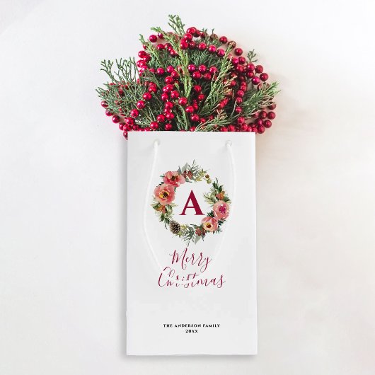 Monogram Red Botanical Pink Wreath Christmas スモールペーパーバッグ