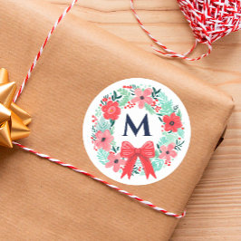 Monogram Red Bow Floral Wreath Christmas ラウンドシール