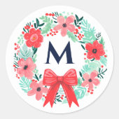 Monogram Red Bow Floral Wreath Christmas ラウンドシール (正面)