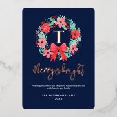 Monogram Red Bow Wreath Blue Christmas  箔シーズンカード (正面)