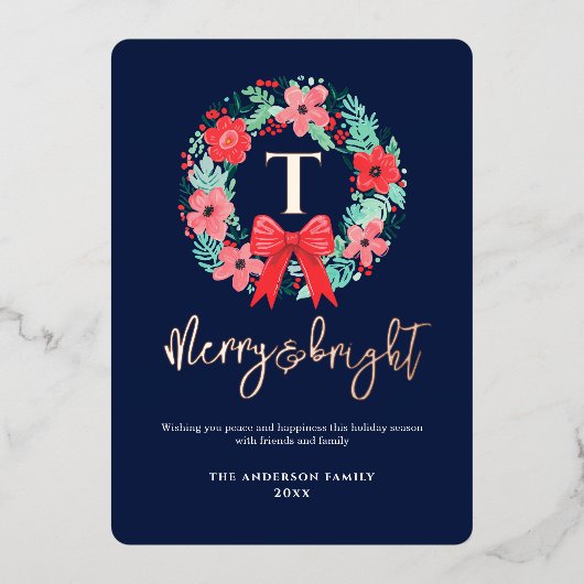 Monogram Red Bow Wreath Blue Christmas 箔シーズンカード (正面)