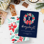 Monogram Red Bow Wreath Blue Christmas 箔シーズンカード