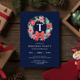 Monogram Red Bow Wreath Blue Christmas Party Gold 箔シーズンカード