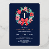 Monogram Red Bow Wreath Blue Christmas Party Gold 箔シーズンカード (正面)