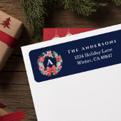Monogram Red Bow Wreath Blue Holiday Address Label ラベル