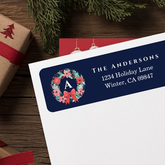 Monogram Red Bow Wreath Blue Holiday Address Label ラベル