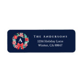 Monogram Red Bow Wreath Blue Holiday Address Label ラベル (正面)