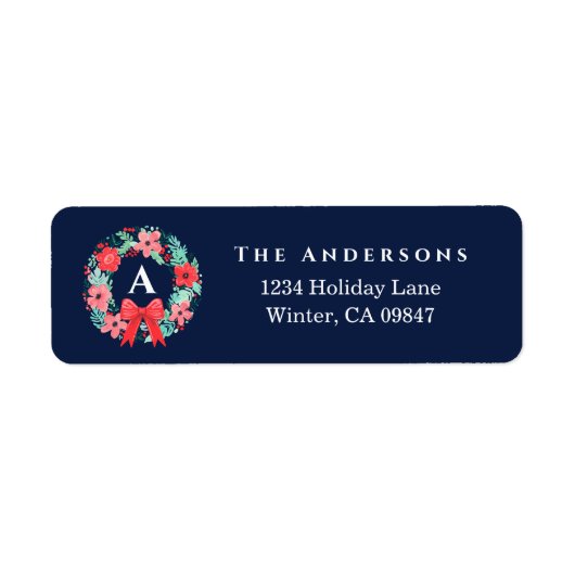 Monogram Red Bow Wreath Blue Holiday Address Label ラベル (正面)