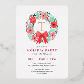 Monogram Red Bow Wreath Christmas Party Gold 箔シーズンカード (正面)
