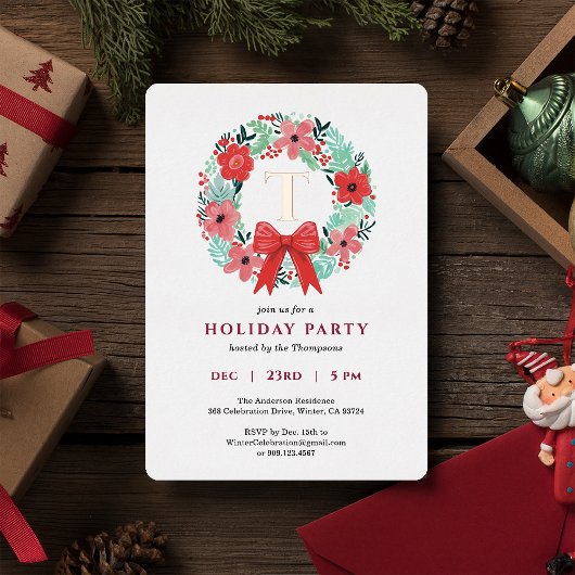 Monogram Red Bow Wreath Christmas Party Gold 箔シーズンカード