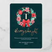 Monogram Red Bow Wreath Green Christmas  箔シーズンカード (正面)