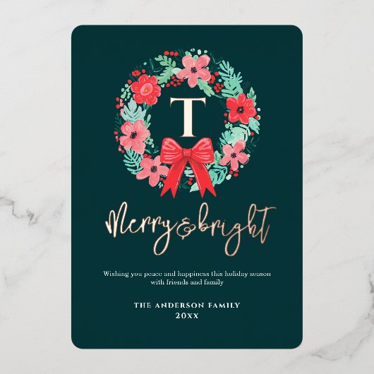 Monogram Red Bow Wreath Green Christmas 箔シーズンカード (正面)