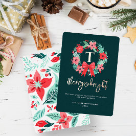 Monogram Red Bow Wreath Green Christmas  箔シーズンカード