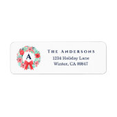 Monogram Red Bow Wreath Holiday Address Label ラベル (正面)