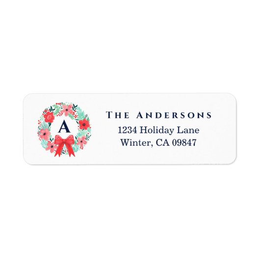 Monogram Red Bow Wreath Holiday Address Label ラベル (正面)