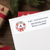 Monogram Red Bow Wreath Holiday Address Label ラベル