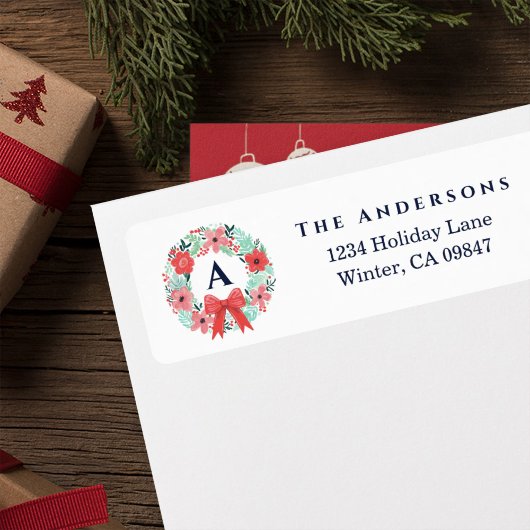Monogram Red Bow Wreath Holiday Address Label ラベル