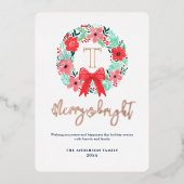 Monogram Red Bow Wreath White Christmas  箔シーズンカード (正面)