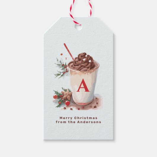 Monogram Red Christmas Winter Hot Cocoa Beverage ギフトタグ (正面)