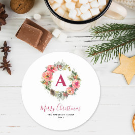 Monogram Red Greenery Pink Wreath Christmas  ラウンドペーパーコースター