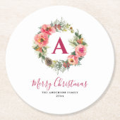 Monogram Red Greenery Pink Wreath Christmas ラウンドペーパーコースター (正面)