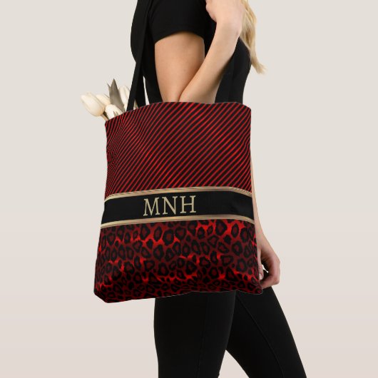 Monogram Red Leopard Animal Print トートバッグ (クローズアップ)