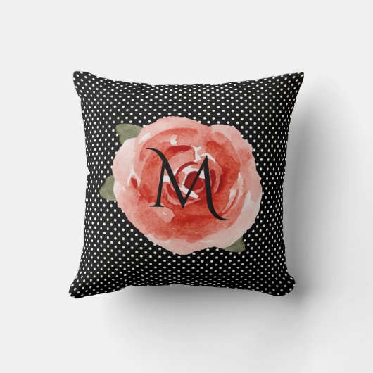 Monogram Red Rose Black White Polka Dots クッション (裏面)
