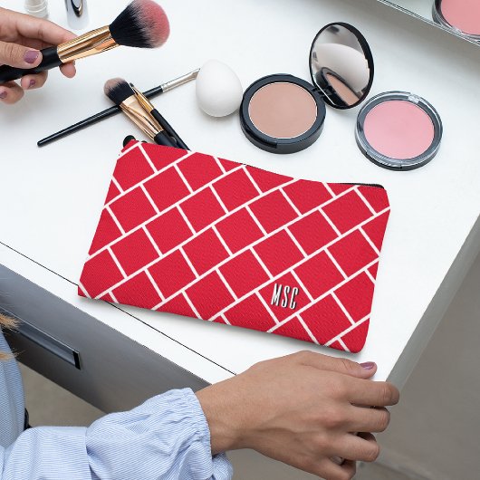 Monogram, Red & White Stylish Trellis Pattern アクセサリーポーチ