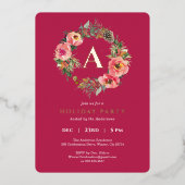 Monogram Red Wreath Botanical Christmas Party Gold 箔シーズンカード (正面)
