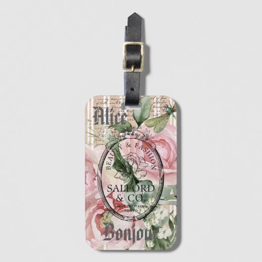 Monogram Romantic French roses Pink Ephemera ラゲッジタグ (正面縦)