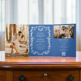 Monogram Royal Blue French Victorian Photo Wedding 三つ折り招待状