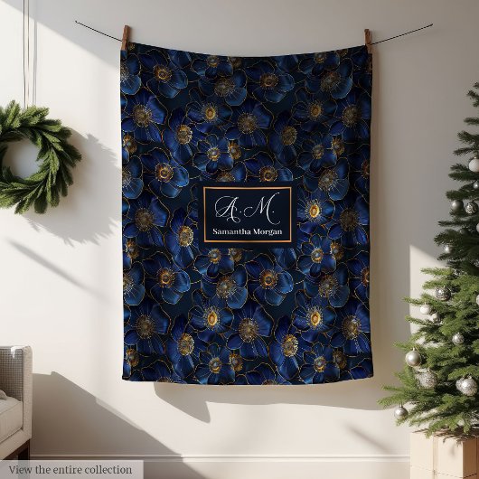 Monogram Royal Blue Throw Modern Gold Flowers フリースブランケット