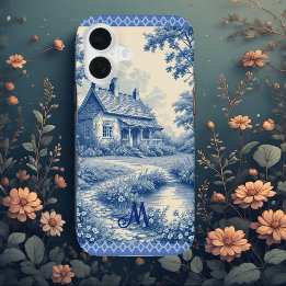 Monogram Rustic Cottage French Toile Blue Romantic iPhone 16ケース