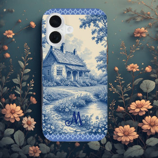 Monogram Rustic Cottage French Toile Blue Romantic iPhone 16ケース