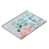 Monogram rustic floral pink Blue Antique artwork ノートブック (左側)