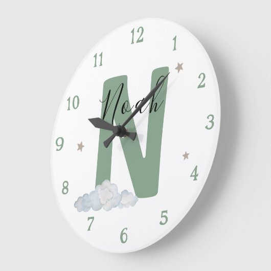 Monogram Sage Baby Initial Name Nursery Wall Clock ラージ壁時計 (傾斜)