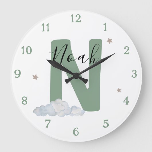 Monogram Sage Baby Initial Name Nursery Wall Clock ラージ壁時計 (正面)
