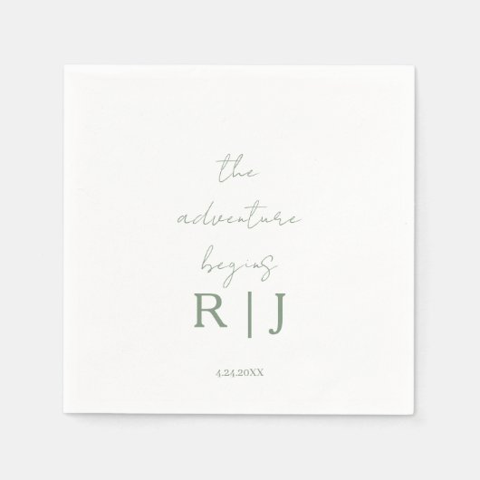 Monogram Sage Green Quote Adventure Begins Wedding スタンダードカクテルナプキン (正面)
